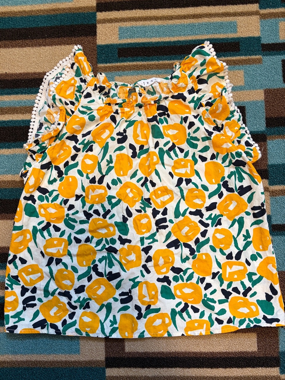 THML Floral Blouse Women’s Medium M Multicolor Yellow Green Navy Ruffle Cotton